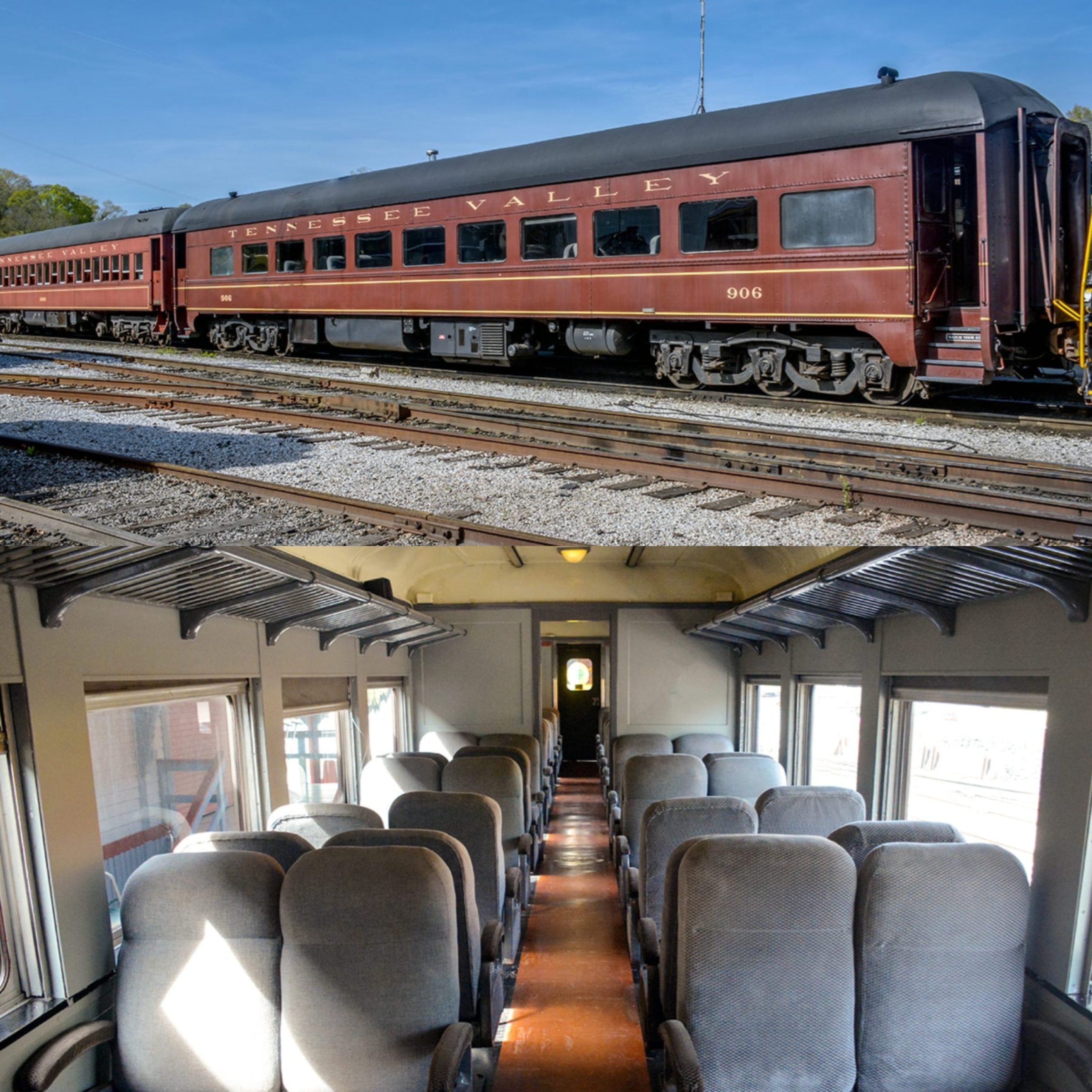 Exterior and interior views of Tennessee Valley Railroad Museum’s Passenger Car 906, showing a classic red exterior and a cozy interior with gray seating.