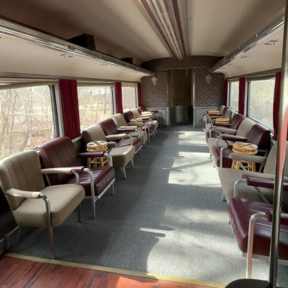 Signature Lounge Car seating aboard the Hiwassee Loop Train Ride featuring individual lounge chairs and large scenic windows