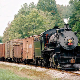 Special excursion at the Tennessee Valley Railroad Museum in Chattanooga, featuring a historic steam engine pulling freight cars, offering passengers a unique journey through the past.