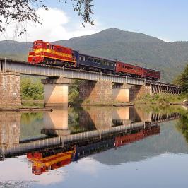 a train crossing a bridge over a body of water