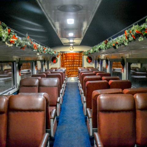 Interior of the North Pole Limited Santa Car decorated for Christmas.