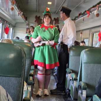 Elf entertaining passengers with a ukulele aboard Santa’s Hiwassee Train Ride