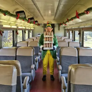 Elf standing in a decorated railcar aboard Santa’s Hiwassee Train Ride