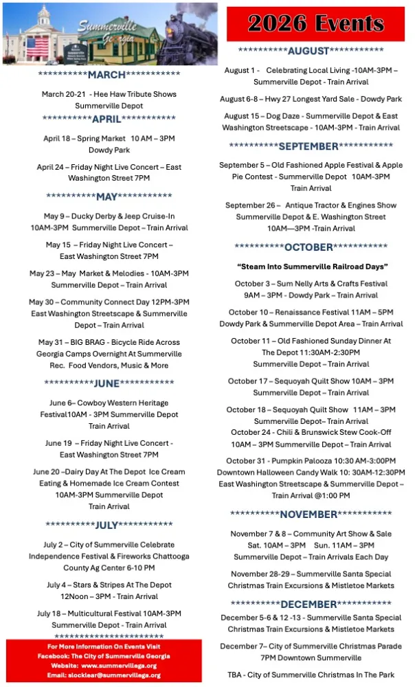 Event schedule for Summerville, Georgia, featuring monthly events from March to December 2026.