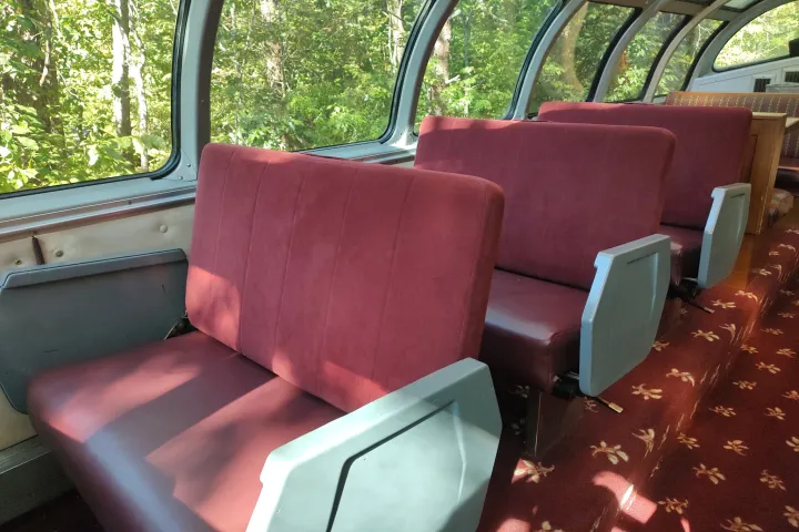 Train car with red seats and panoramic windows showing trees outside.