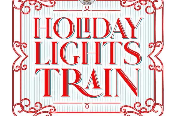 Decorative logo for the Tennessee Valley Railroad Museum’s Holiday Lights Train featuring red lettering and festive flourishes.