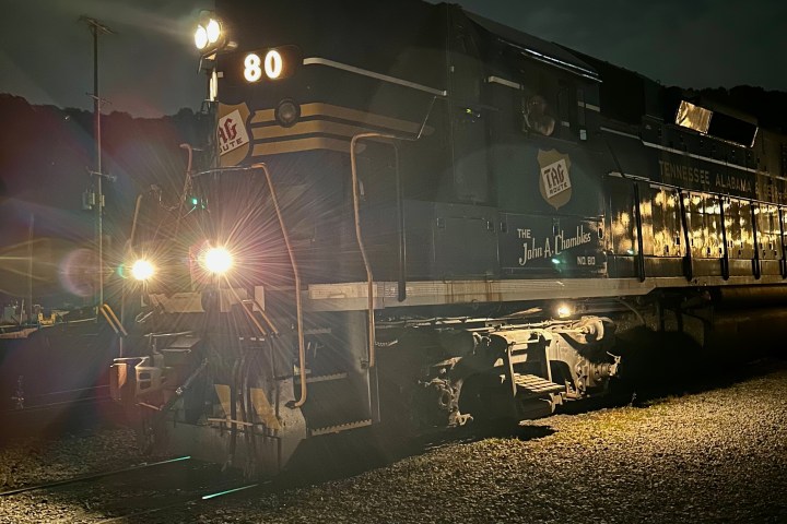 a train on the tracks at night