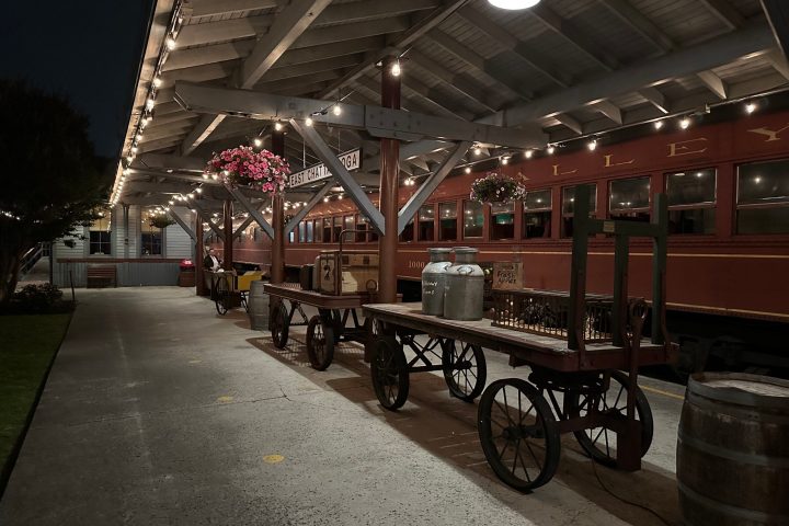 a group of people at a train station
