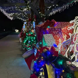 Guests seated inside Tennessee Valley Railroad’s Car 202 during the Nightcap With St. Nick ride, decorated with Christmas lights and festive garland.