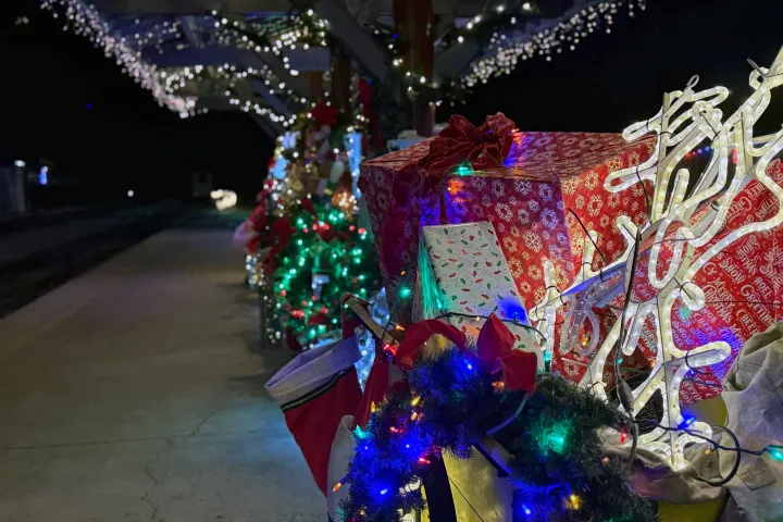 Guests seated inside Tennessee Valley Railroad’s Car 202 during the Nightcap With St. Nick ride, decorated with Christmas lights and festive garland.