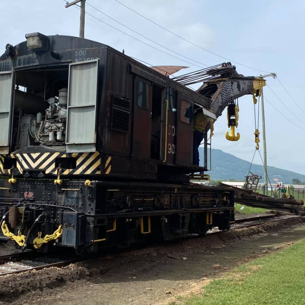 Restored Bucyrus-built Southern Railway derrick crane, now diesel-powered, at a rail museum.