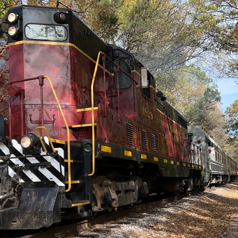 Tennessee Valley Railroad Museum locomotive 1829 leading a train through an autumnal forest.