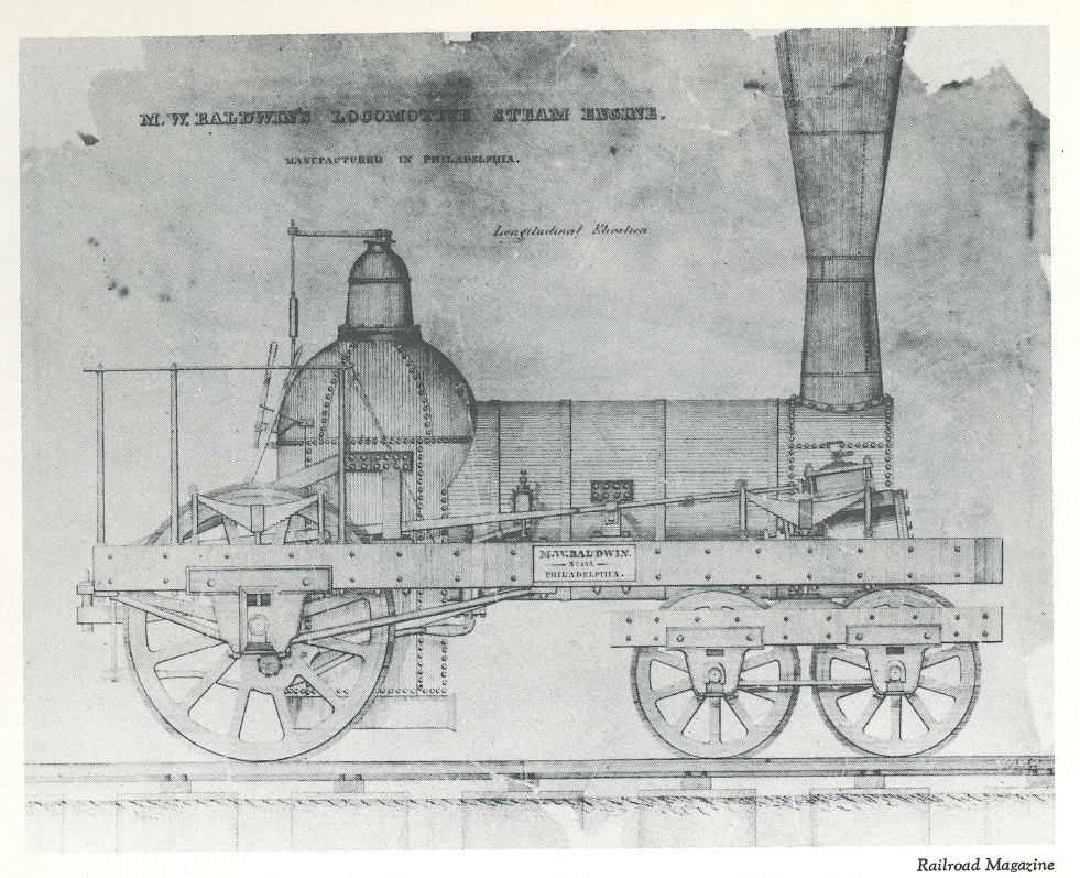 Early M.W. Baldwin Steam Locomotive Blueprint A nineteenth-century line drawing of an early M.W. Baldwin 4-2-0 steam locomotive, showing its side profile with a tall smokestack, a dome-shaped steam dome, large driving wheels, and a rectangular boiler.