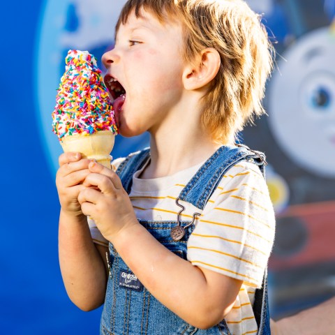 A young boy in denim overalls enjoys a colorful sprinkle-topped ice cream cone at the “Day Out With Thomas” event.