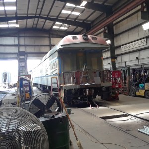 Office Car 98 undergoing repainting at TVRM's Soule Shops in the summer of 2024.