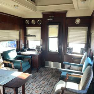 The circa 1955 Mahogany panelled observation lounge of restored B&O office car 98.