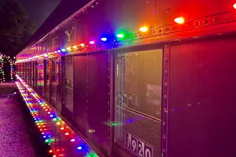 Train with colorful Christmas lights along its side at night.