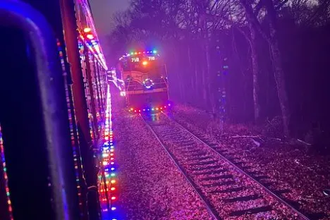Festively lit train on tracks at night with colorful holiday lights.