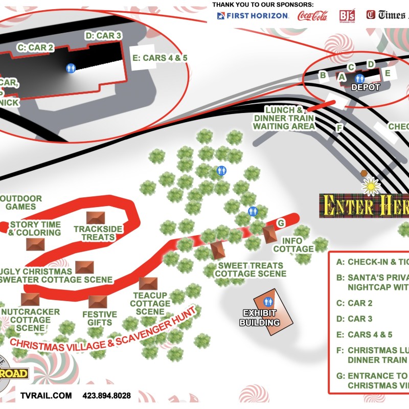 Map of Christmas Village with locations for activities and exhibits, including Santa's car and a scavenger hunt.