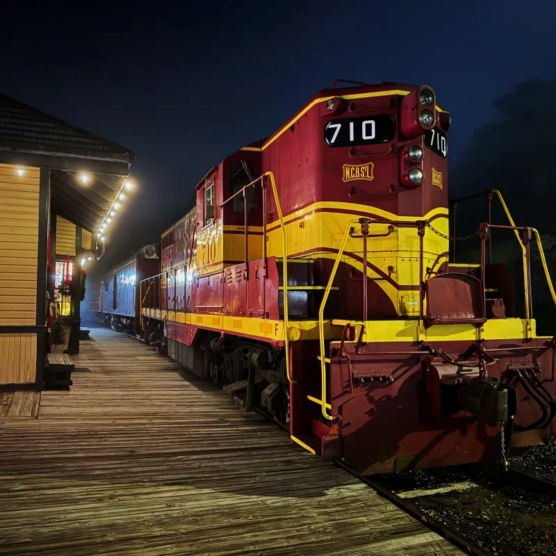 Colorfully lit locomotive on the tracks at night during a Tennessee Valley Railroad Museum holiday event