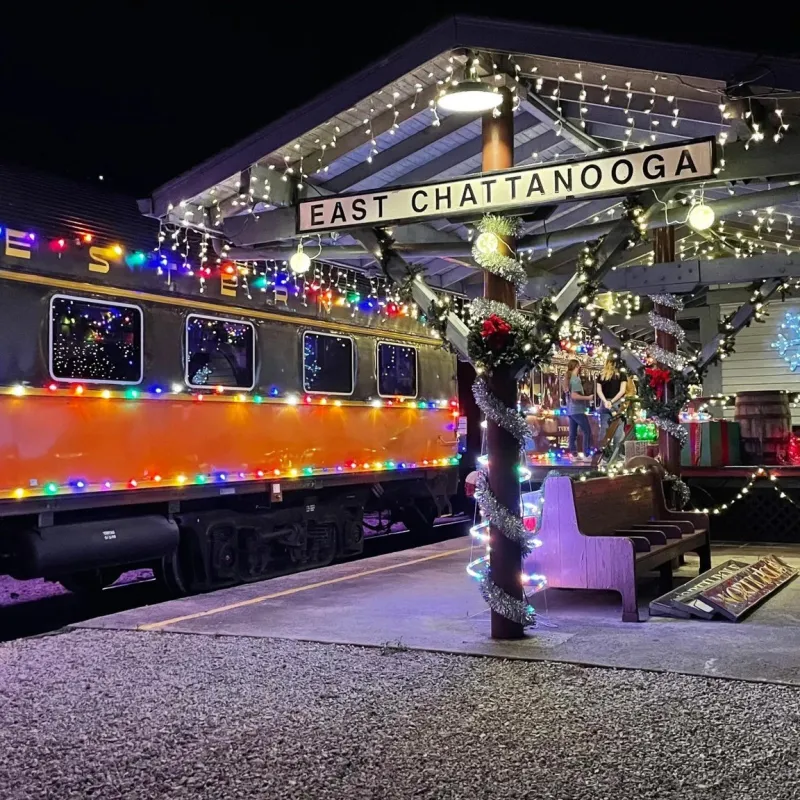 Train station decorated with holiday lights during an evening train ride.