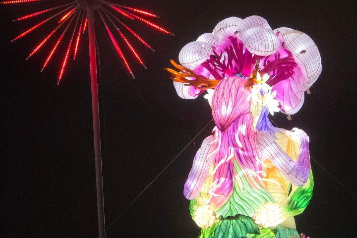 Colorful illuminated statue with floral dress, next to a red, star-shaped light structure at night.