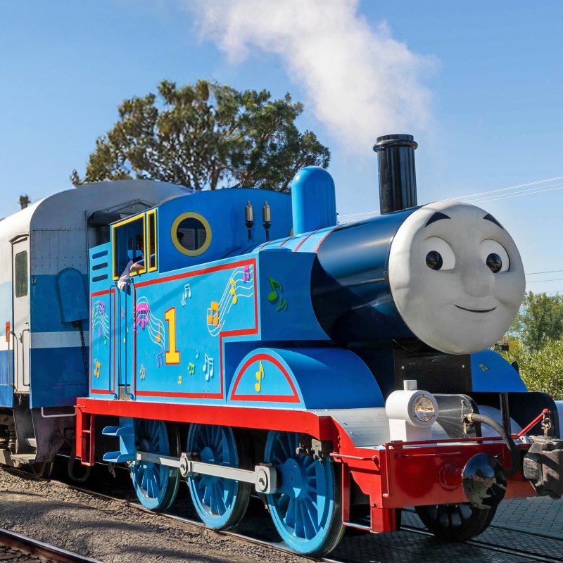 Blue cartoon train with a smiling face on tracks in a scenic outdoor setting.