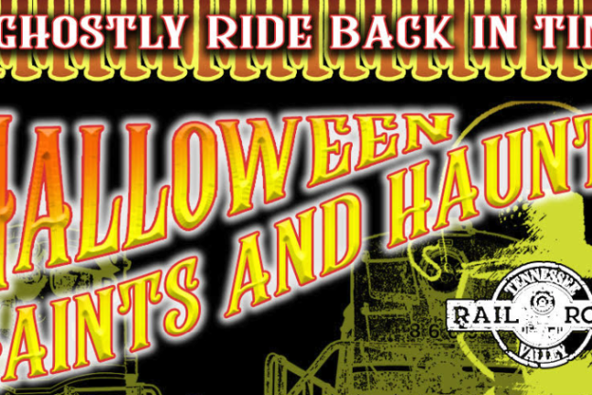 Halloween event poster with fiery text and railroad logo.